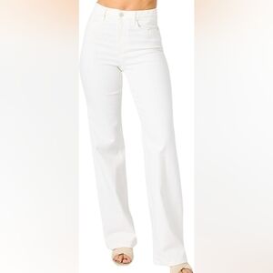 JUDY BLUE Braided Waistband White High Rise Wide Leg Jean